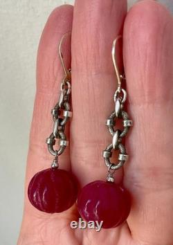 Antique Massive Silver Earrings with Huge Natural Carved Ruby