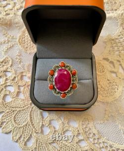 Antique Massive Silver Ring with Genuine Ruby and Coral Hallmark