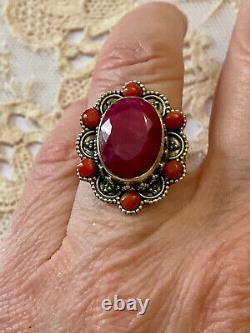 Antique Massive Silver Ring with Genuine Ruby and Coral Hallmark