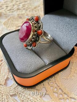 Antique Massive Silver Ring with Genuine Ruby and Coral Hallmark