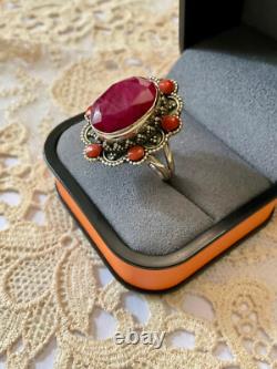 Antique Massive Silver Ring with Genuine Ruby and Coral Hallmark
