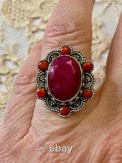 Antique Massive Silver Ring with Genuine Ruby and Coral Hallmark