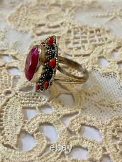 Antique Massive Silver Ring with Genuine Ruby and Coral Hallmark