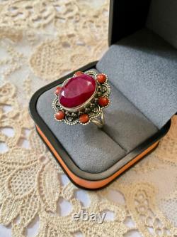 Antique Massive Silver Ring with Genuine Ruby and Coral Hallmark