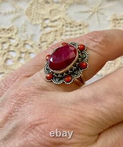 Antique Massive Silver Ring with Genuine Ruby and Coral Hallmark