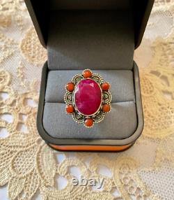 Antique Massive Silver Ring with Genuine Ruby and Coral Hallmark