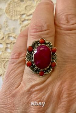 Antique Massive Silver Ring with Genuine Ruby and Coral Hallmark