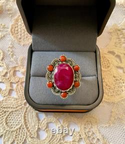 Antique Massive Silver Ring with Genuine Ruby and Coral Hallmark