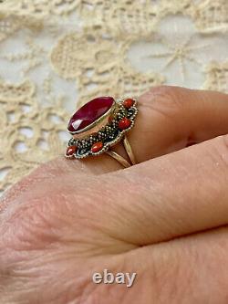 Antique Massive Silver Ring with Genuine Ruby and Coral Hallmark