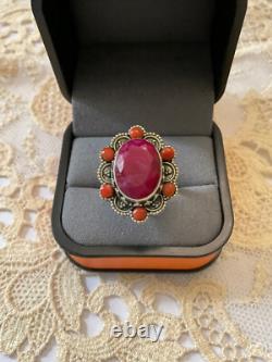 Antique Massive Silver Ring with Genuine Ruby and Coral Hallmark