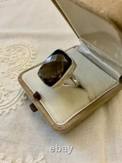 Antique Massive Silver Ring with Impressive Smoky Topaz Cushion Cut