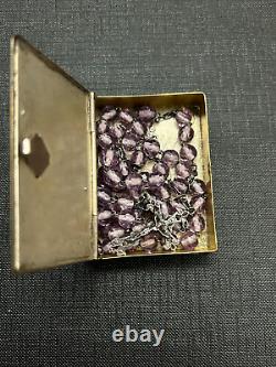 Antique Metal Rosary Box with Solid Silver Rosary