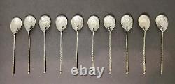 Antique Moka or Caviar Spoons in Solid Russian Silver Sets of 10