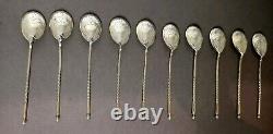 Antique Moka or Caviar Spoons in Solid Russian Silver Sets of 10