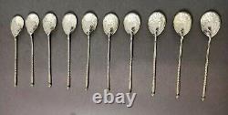 Antique Moka or Caviar Spoons in Solid Russian Silver Sets of 10
