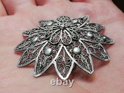 Antique Openwork Flower Brooch in Solid Silver