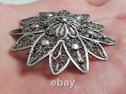 Antique Openwork Flower Brooch in Solid Silver