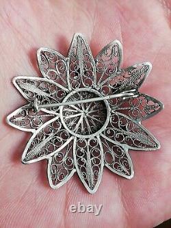 Antique Openwork Flower Brooch in Solid Silver