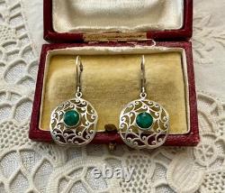 Antique Openwork Solid Silver Earrings with a Very Beautiful Emerald