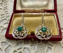 Antique Openwork Solid Silver Earrings with a Very Beautiful Emerald