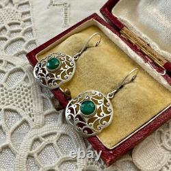 Antique Openwork Solid Silver Earrings with a Very Beautiful Emerald