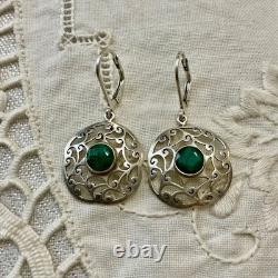 Antique Openwork Solid Silver Earrings with a Very Beautiful Emerald