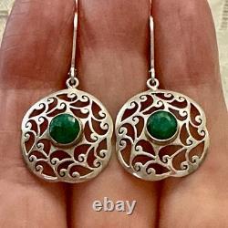 Antique Openwork Solid Silver Earrings with a Very Beautiful Emerald