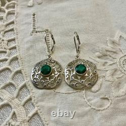 Antique Openwork Solid Silver Earrings with a Very Beautiful Emerald