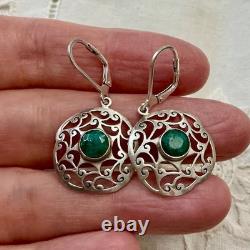 Antique Openwork Solid Silver Earrings with a Very Beautiful Emerald