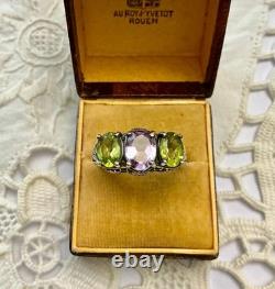 Antique Ornate Solid Silver Trilogy Ring with Amethyst and Peridot