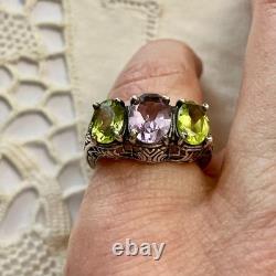 Antique Ornate Solid Silver Trilogy Ring with Amethyst and Peridot