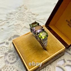 Antique Ornate Solid Silver Trilogy Ring with Amethyst and Peridot