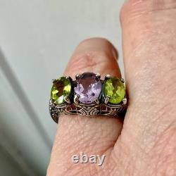 Antique Ornate Solid Silver Trilogy Ring with Amethyst and Peridot