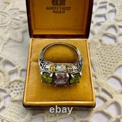Antique Ornate Solid Silver Trilogy Ring with Amethyst and Peridot