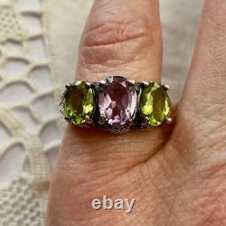 Antique Ornate Solid Silver Trilogy Ring with Amethyst and Peridot