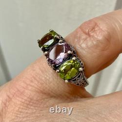 Antique Ornate Solid Silver Trilogy Ring with Amethyst and Peridot