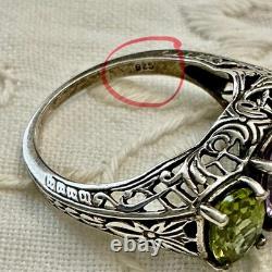 Antique Ornate Solid Silver Trilogy Ring with Amethyst and Peridot