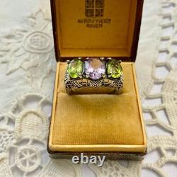 Antique Ornate Solid Silver Trilogy Ring with Amethyst and Peridot