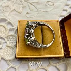 Antique Ornate Solid Silver Trilogy Ring with Amethyst and Peridot