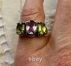 Antique Ornate Solid Silver Trilogy Ring with Amethyst and Peridot