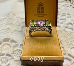 Antique Ornate Solid Silver Trilogy Ring with Amethyst and Peridot