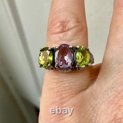 Antique Ornate Solid Silver Trilogy Ring with Amethyst and Peridot