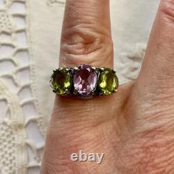 Antique Ornate Solid Silver Trilogy Ring with Amethyst and Peridot