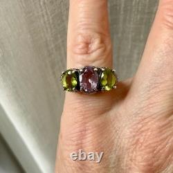 Antique Ornate Solid Silver Trilogy Ring with Amethyst and Peridot