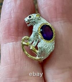 Antique Panther Brooch in Solid Silver with Gold Finish, Amethyst, and Blue Sapphire