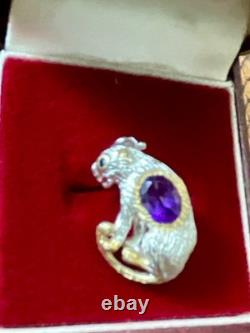 Antique Panther Brooch in Solid Silver with Gold Finish, Amethyst, and Blue Sapphire