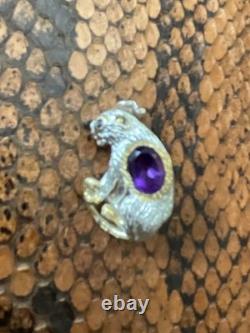 Antique Panther Brooch in Solid Silver with Gold Finish, Amethyst, and Blue Sapphire