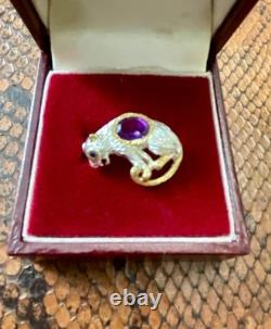 Antique Panther Brooch in Solid Silver with Gold Finish, Amethyst, and Blue Sapphire