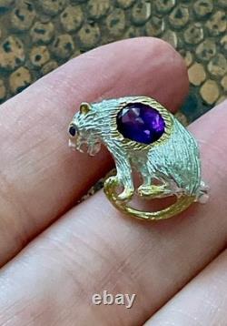 Antique Panther Brooch in Solid Silver with Gold Finish, Amethyst, and Blue Sapphire