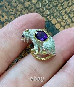 Antique Panther Brooch in Solid Silver with Gold Finish, Amethyst, and Blue Sapphire